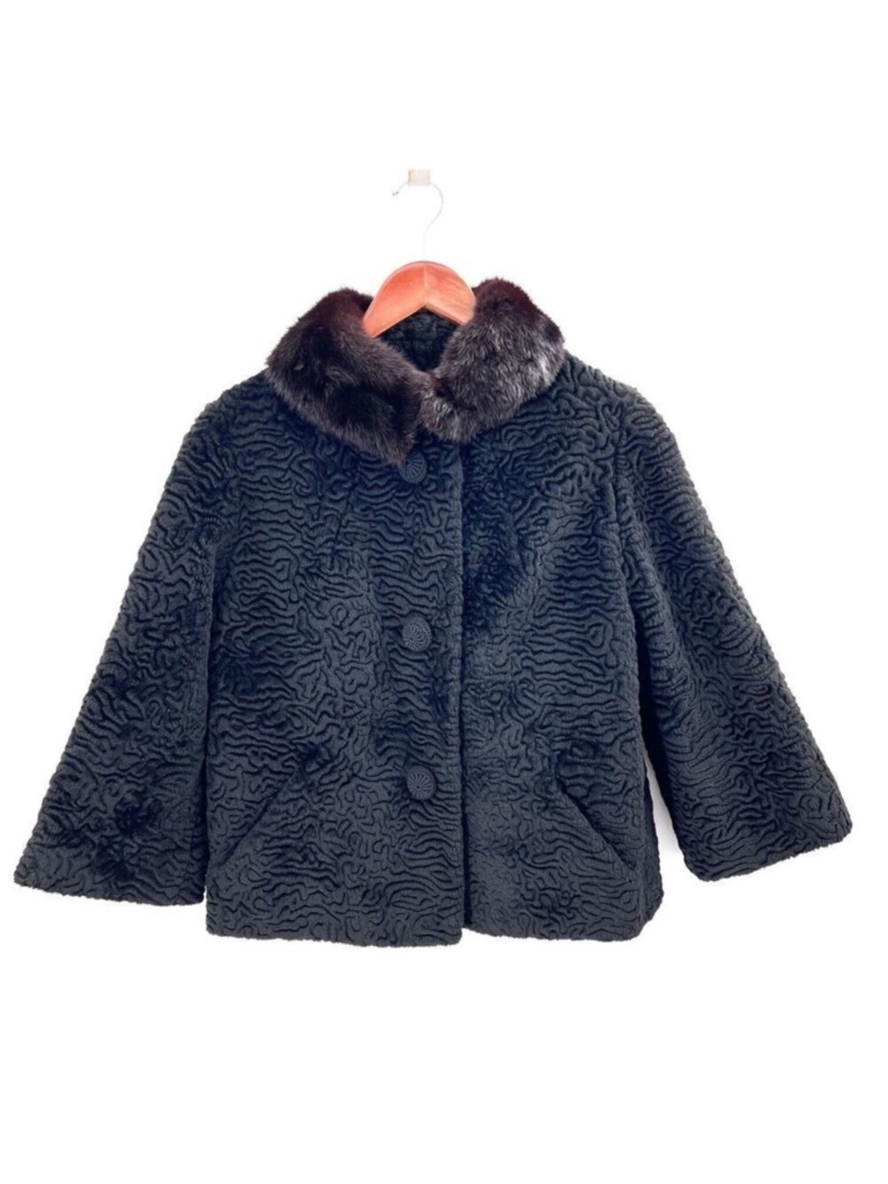 1960's Borre by Fairmoor Black Faux Fur With Mink Fur Collar Jacket Womens Large